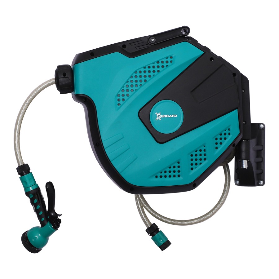 DURHAND 15M Water Hose Reel Compact Garden Car Auto Retract Spray Nozzle