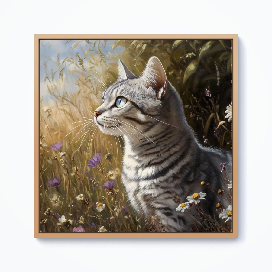 Click to view product details and reviews for Silver Tabby Cat In A Spring Meadow Framed Canvas 10 X 10 Pine.
