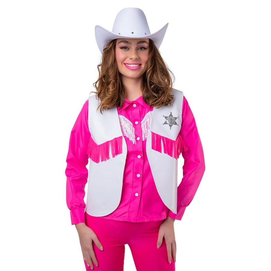 Click to view product details and reviews for Cowboy Sheriff Waistcoat Fringe Star Badge Wild West White Pink.