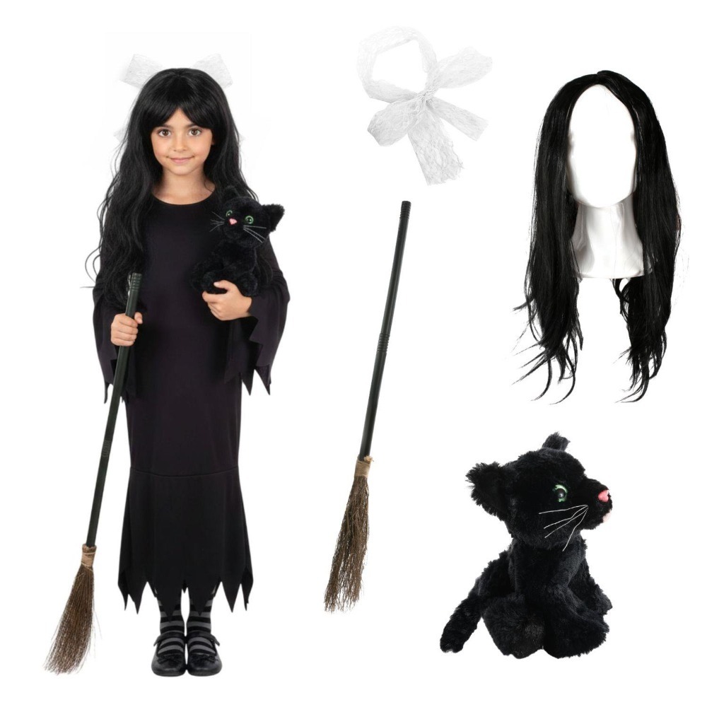Click to view product details and reviews for Girls Hooky Witch Costume 5 Pcs Dress Broom Cat Toy Wig Hair Bow Large.