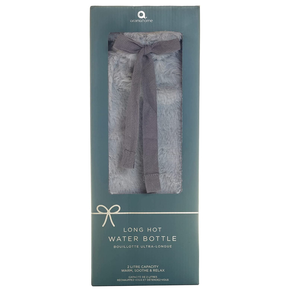 Extra Long Hot Water Bottle Grey Faux Fur Removable Cover Christmas Gift Boxed