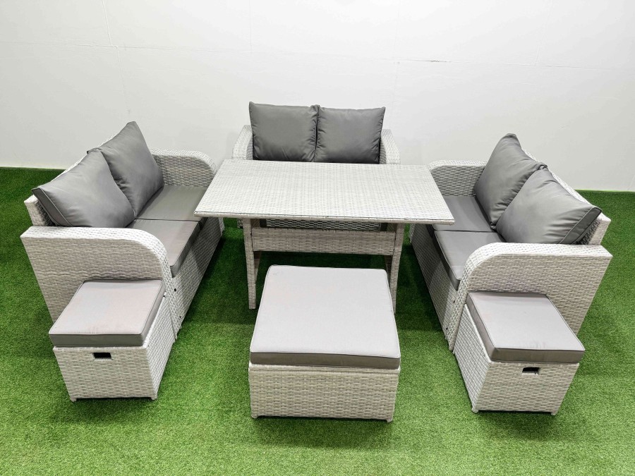 Click to view product details and reviews for Fimous 9 Seater Pe Wicker Rattan Furniture Sofa Sets With Rectangular Dining Table 2 Seater Love Sofa 3 Stool Light Grey.