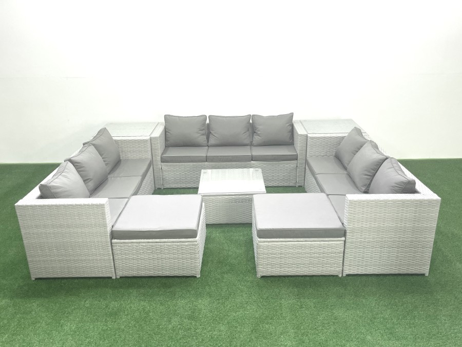 Click to view product details and reviews for Fimous Rattan Garden Outdoor Furniture Set 11 Seater Rattan Garden Sofa Set With 2 Big Footstools 2 Side Tables Light Grey Mixed.