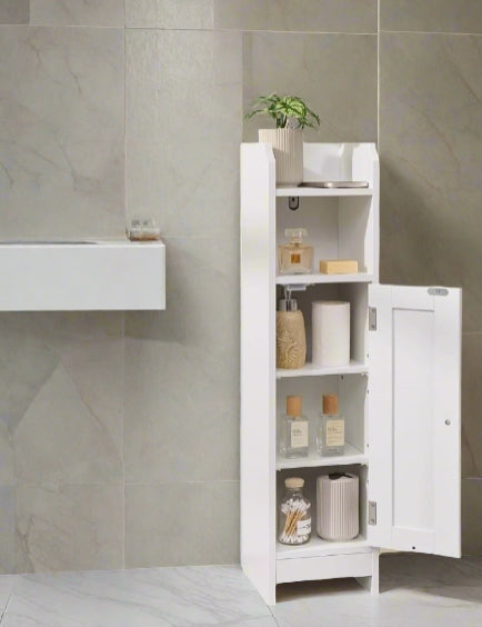 Click to view product details and reviews for Slim White Bathroom Floor Storage Cabinet â Narrow Freestanding Unit With Door Adjustable Shelve.