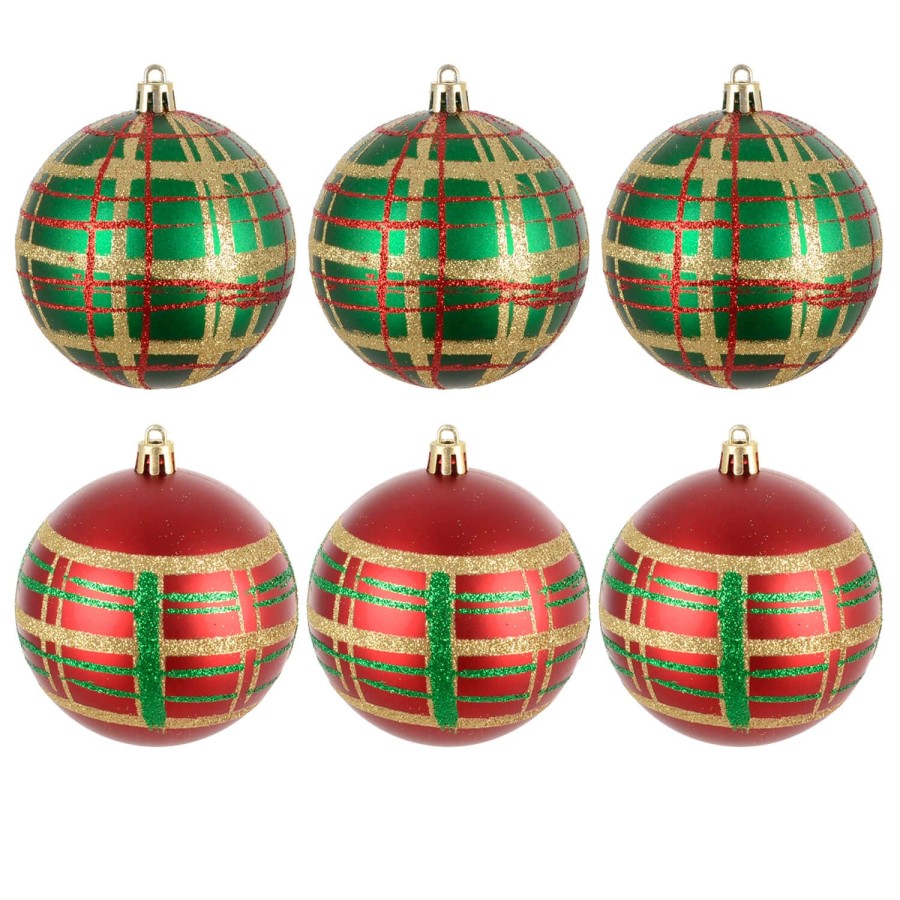Pack of 6 Large Christmas Baubles Red Green Tartan Matt Glitter 8cm