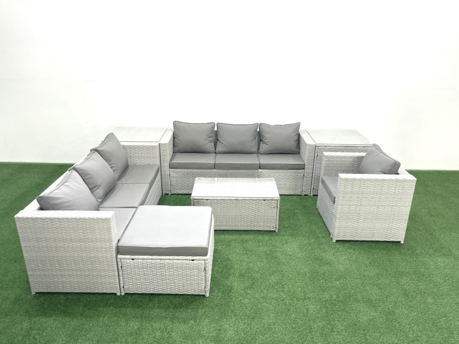 Click to view product details and reviews for Fimous Wicker Pe Rattan Sofa Garden Furniture Set With Armchair Oblong Coffee Table Big Footstool 2 Side Tables Light Grey Mixed.