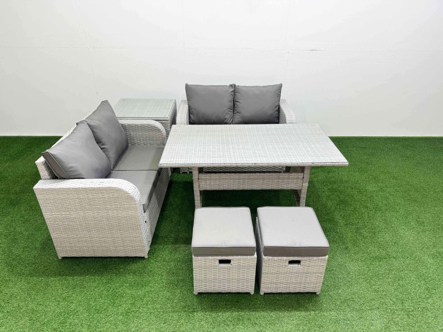 Click to view product details and reviews for Fimous 6 Seater Outdoor Love Sofa Set Rattan Garden Furniture Set With Rectangular Dining Table 2 Small Stools Side Table Light Grey.