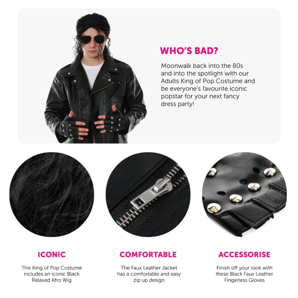 Adults King of Pop Costume | 3 Pcs | Leather Jacket, Wig & Gloves