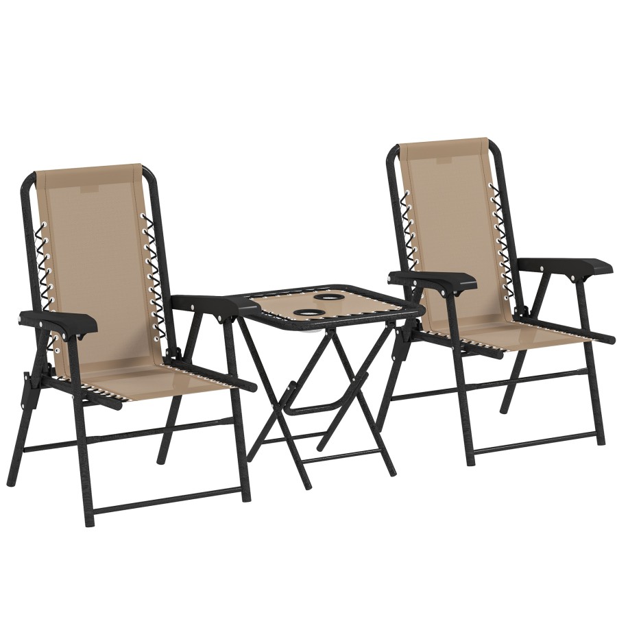 Click to view product details and reviews for Outsunny 3 Pieces Garden Bistro Set Folding Table And Chairs Set Metal Garden Furniture Set With Cup Holders For Outdoor Patio Balcony Khaki.