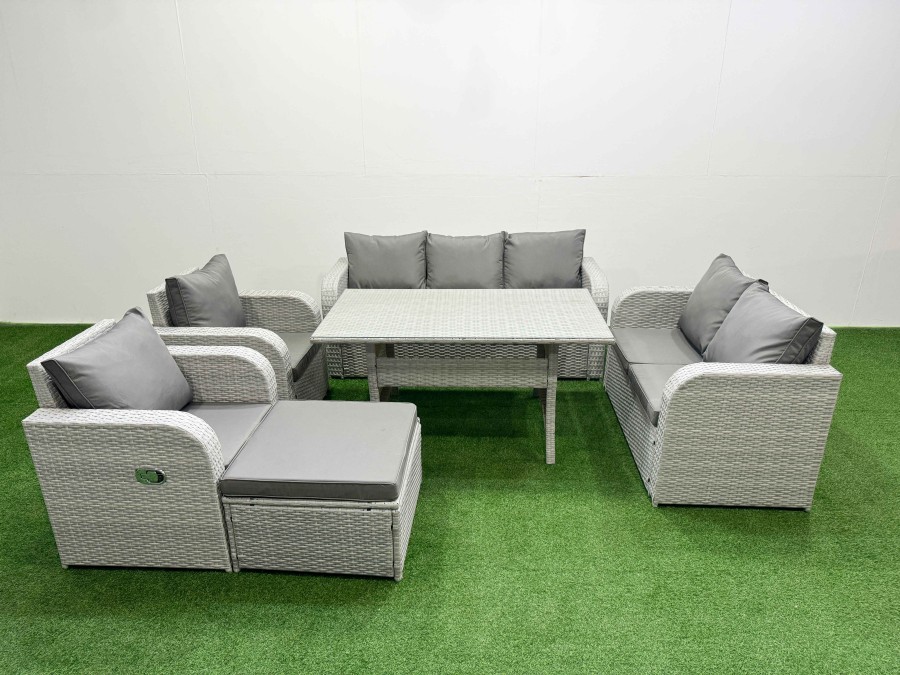 Click to view product details and reviews for Fimous Pe Rattan Garden Furniture Set Reclining Chair Sofa Double Love Seat 2 Seater Sofa Lounge Set Rectangular Dining Table Big Footstool Light Grey.