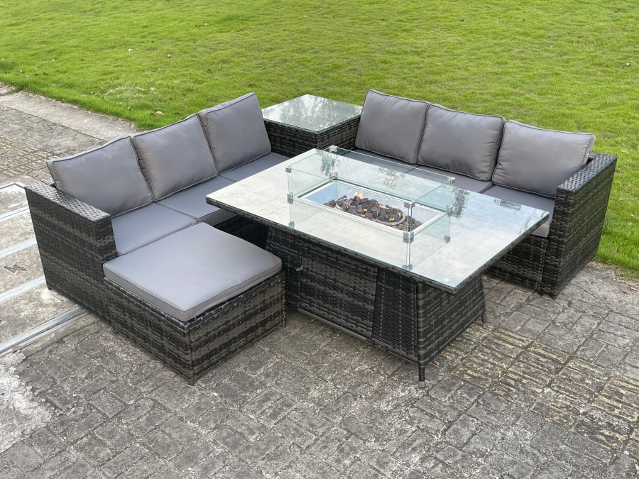 Click to view product details and reviews for Oudoor Rattan Garden Corner Furniture Gas Fire Pit Table Sets Lounge Big Footstool Dark Grey 7 Seater.