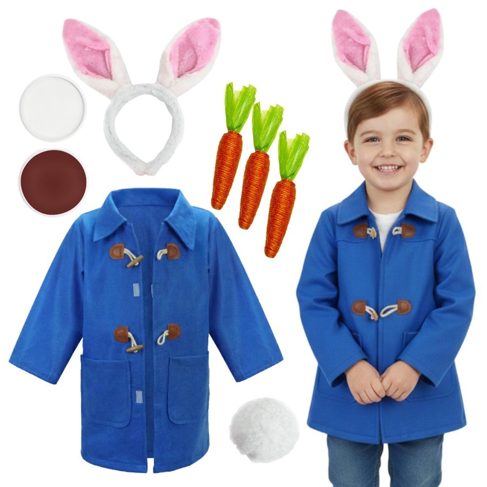 Kids Mischievous Rabbit Costume | 6 Pcs | Blue Jacket, Ears, Tail,  Brown, White Face Paint & Carrots