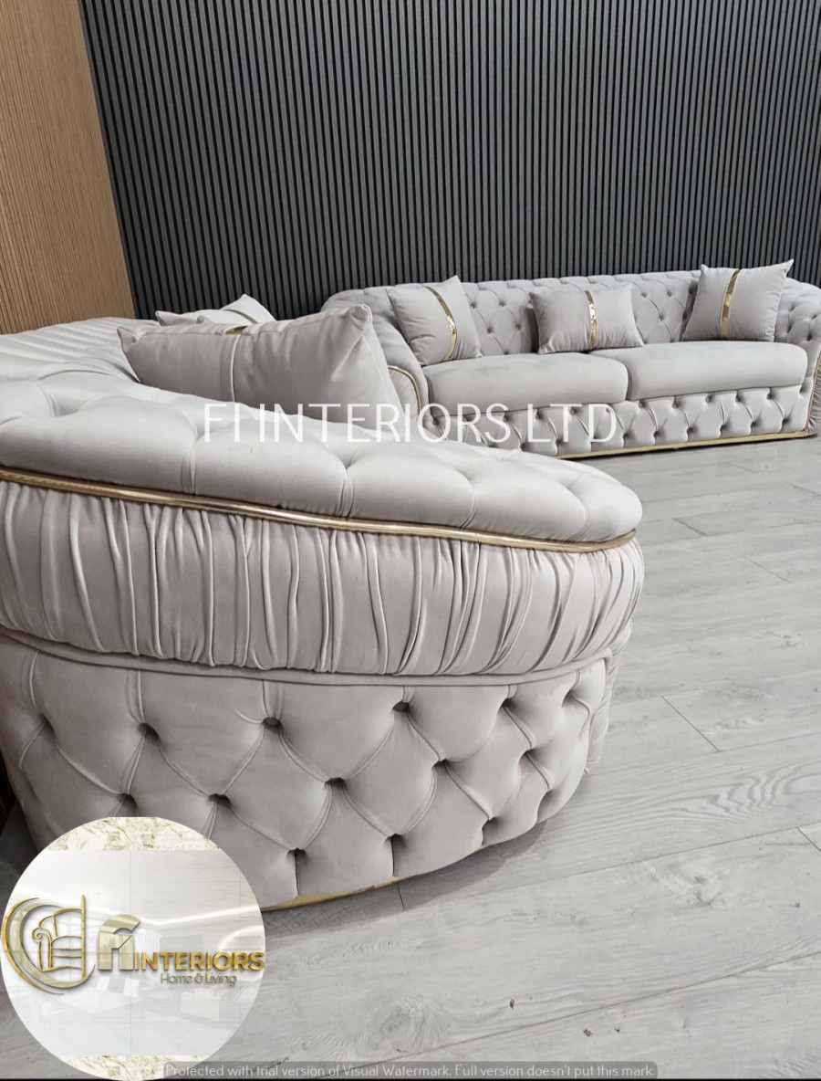 Ambassador 3+2 Seater Sofa – Champagne Velvet with Gold Detailing | Luxury Modern Sofa