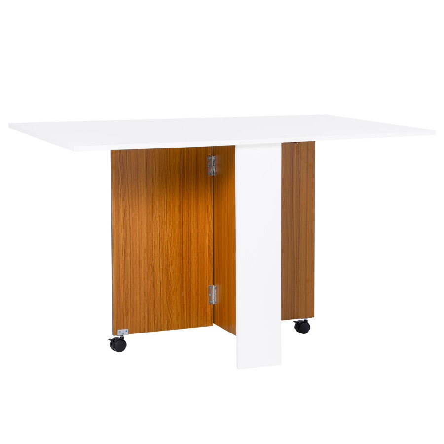 Homcom Folding Dining Table Mobile Writing Desk W Casters Teak Colour White