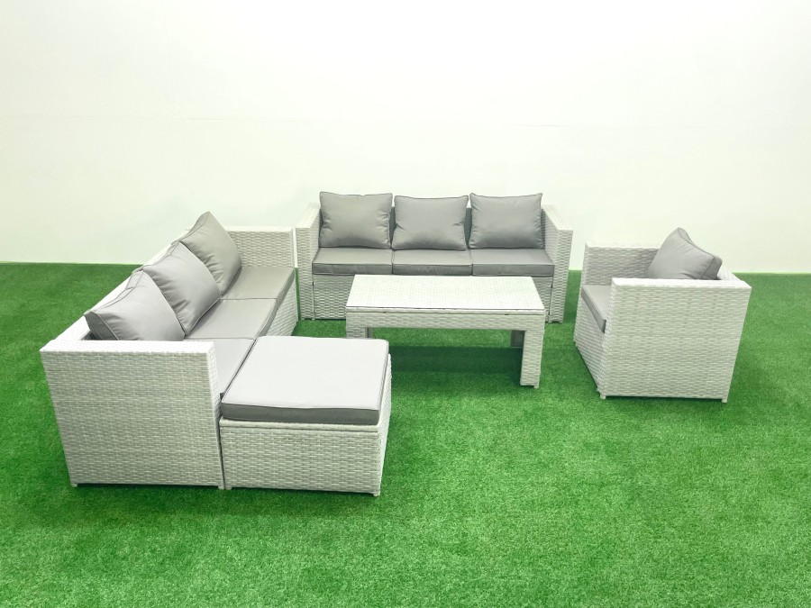 Click to view product details and reviews for Fimous Wicker Pe Rattan Sofa Garden Furniture Set With Oblong Coffee Table Armchair Big Footstool Light Grey Mixed.