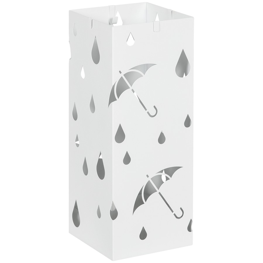 HOMCOM Metal Umbrella Stand, Square Umbrella Basket with 4 Hooks Drip Tray White