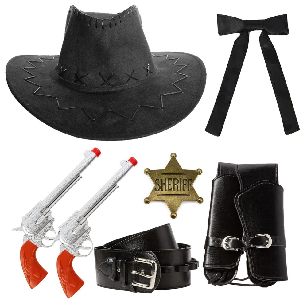 Click to view product details and reviews for Adults Sheriff Accessory Set 5 Pcs Black Suede Hat Plastic Pistols Gun Holster Gold Badge Western Tie Standard.