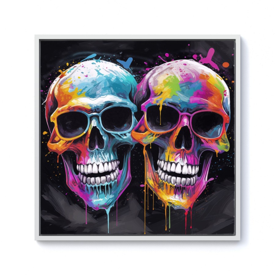 Click to view product details and reviews for Splashart Happy Skeletons In Glasses Framed Canvas 10 X 10 White.