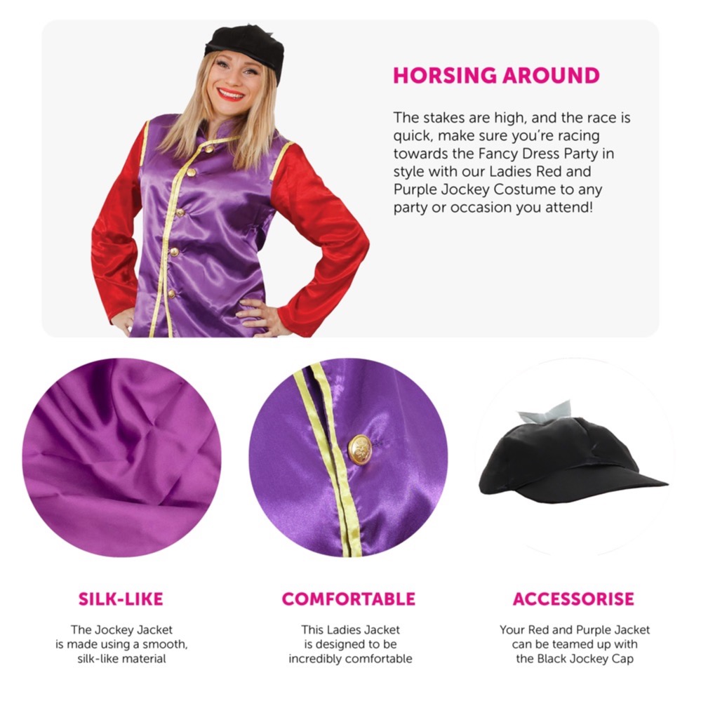 Ladies Red & Purple Jockey Costume - Features