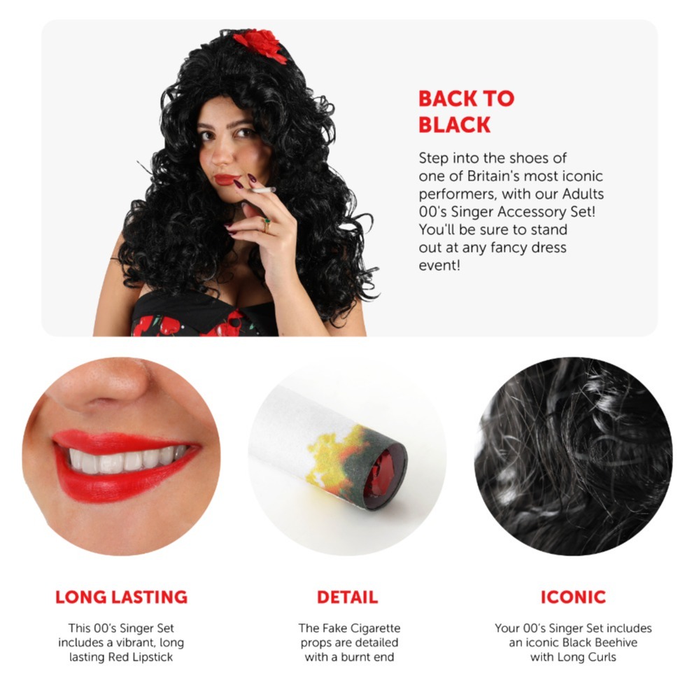 2000's Singer Accessory Set - Beehive Wig, Red Lipstick, Fake Cigarettes & Inflatable Champagne Bottle