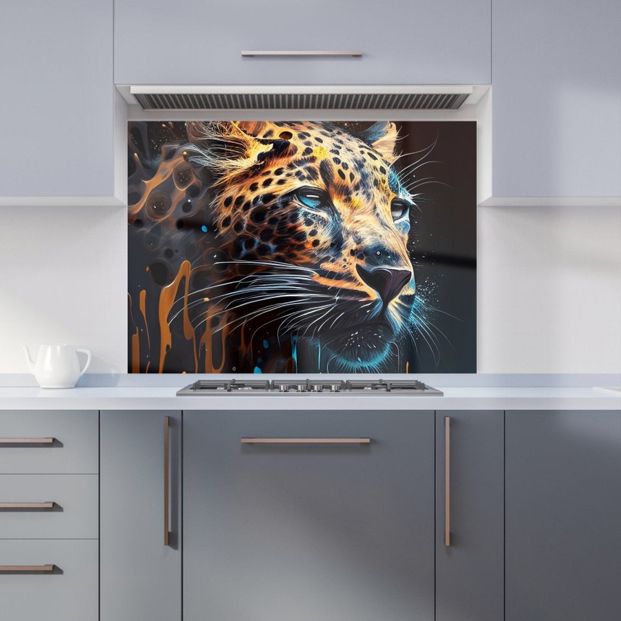 Leapoard Face Splashart Dark Background Kitchen Splashback W900mm X H650mm