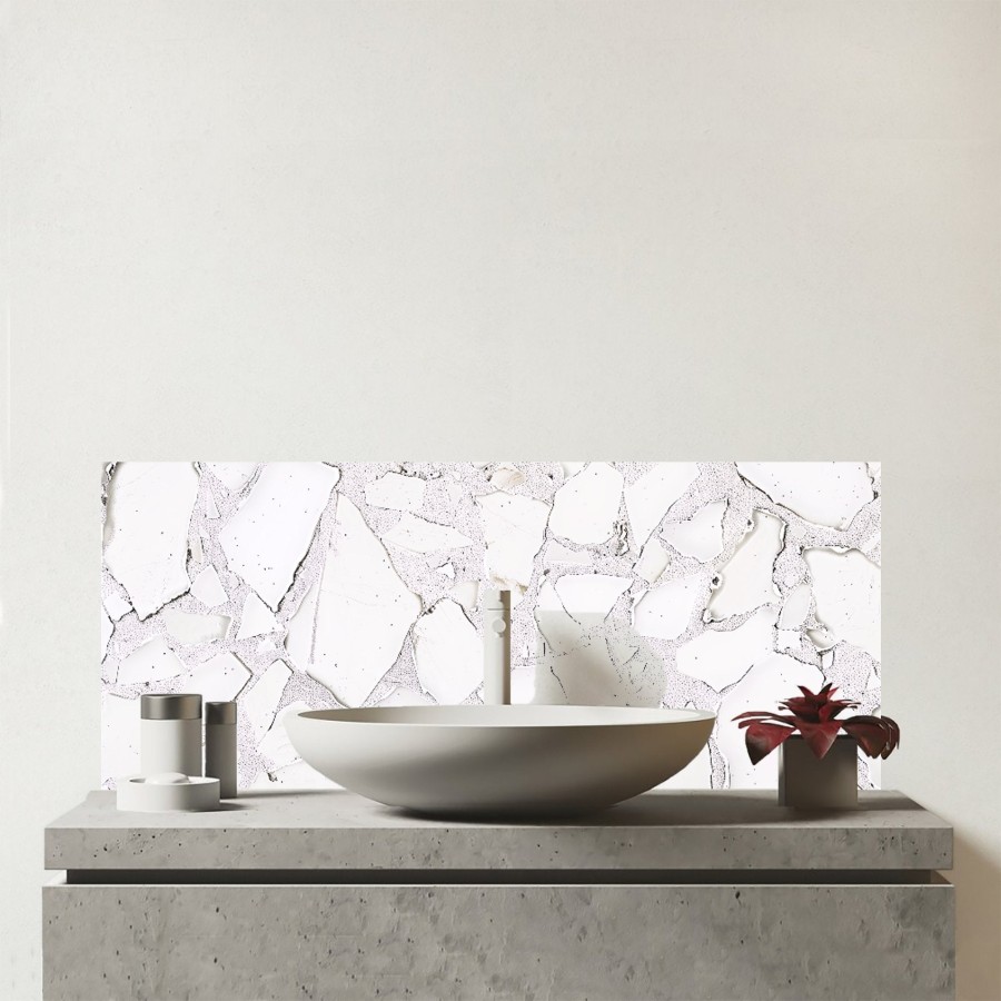 Click to view product details and reviews for Chunky White Quartz Effect Glass Bathroom Splashback.