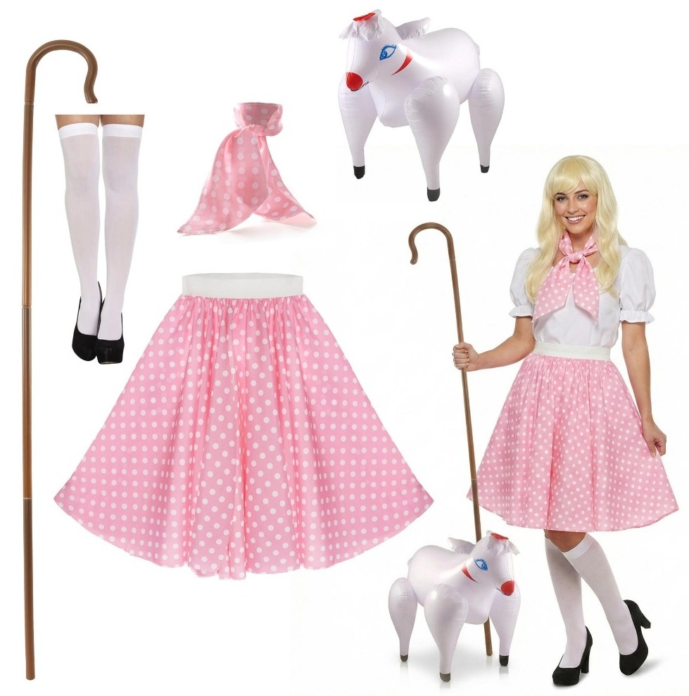 Click to view product details and reviews for Ladies Little Bow Peep Costume 5 Pcs Skirt Neck Scarf Stockings Crook Inflatable Sheep Plus Size.