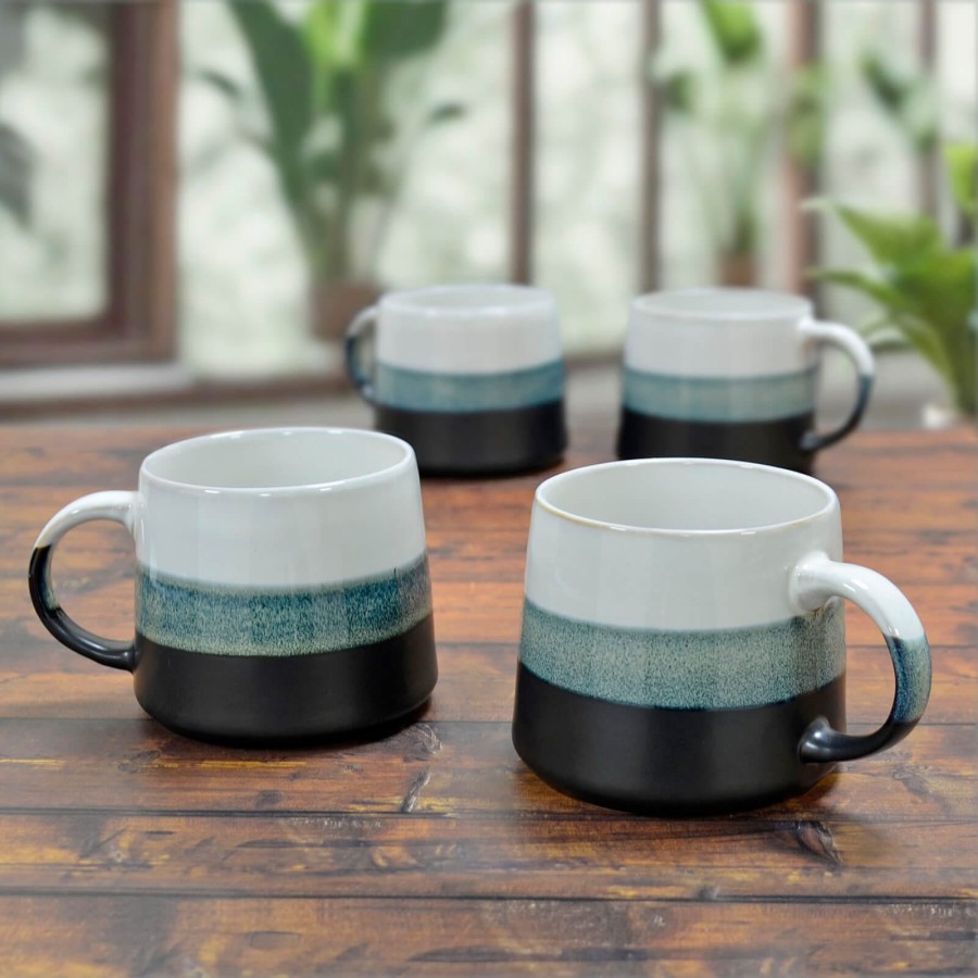 Set of 4 Large Stoneware Coffee Mugs Gradient Colour Glaze Grey Blue