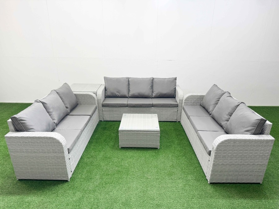 Click to view product details and reviews for Fimous Pe Rattan Lounge Sofa Set 9 Seater Outdoor Garden Furniture Set With Square Coffee Table 3 Seater Sofa Side Table Light Grey. Click to view product details and reviews for Fimous Pe Rattan Lounge Sofa Set 9 Seater Outdoor Garden Furniture Set With Square Coffee Table 3 Seater Sofa Side Table Light Grey.