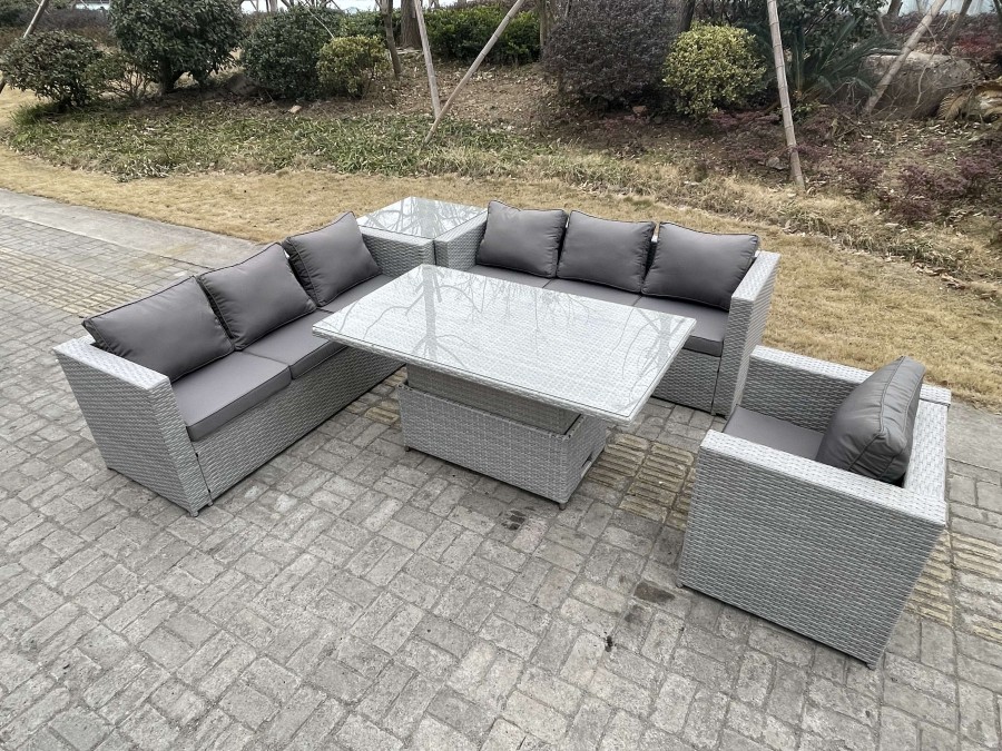 Fimous Rattan Garden Funiture Set Adjustable Rising Lifting Table Sofa Dining Set With Arm Chair And Side Table