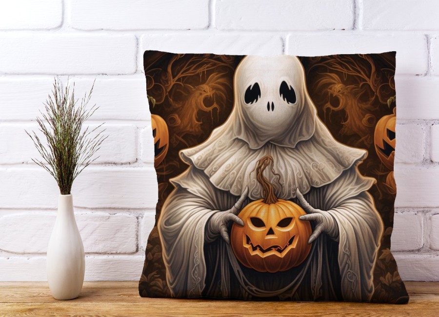 Warren Reed Spooky White Ghost Holding Pumpkin Cushions - 60Cm X 60Cm