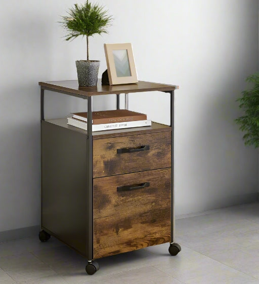 Industrial Mobile Filing Cabinet with Drawer & Wheels – Rustic Brown & Black Office Storage