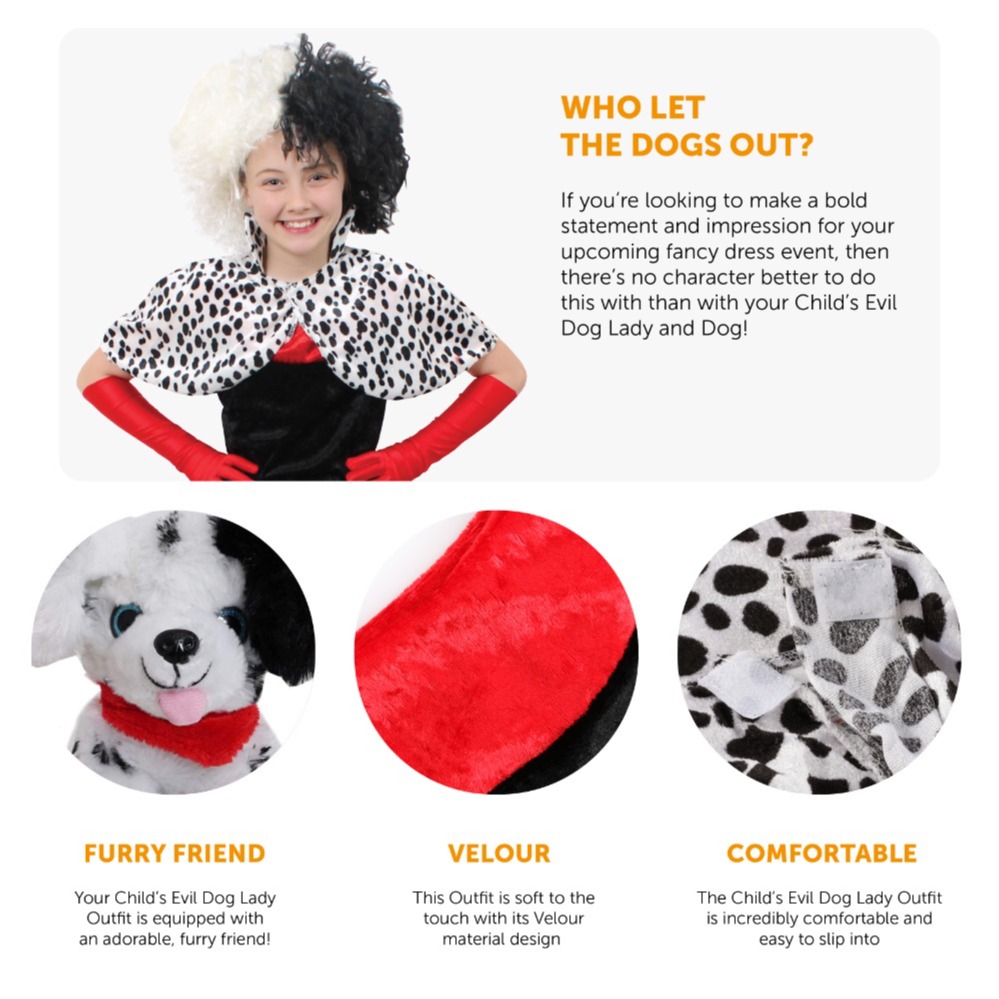 Child's Evil Dog Lady Costume - Gloves, Wig & Dalmatian Dog