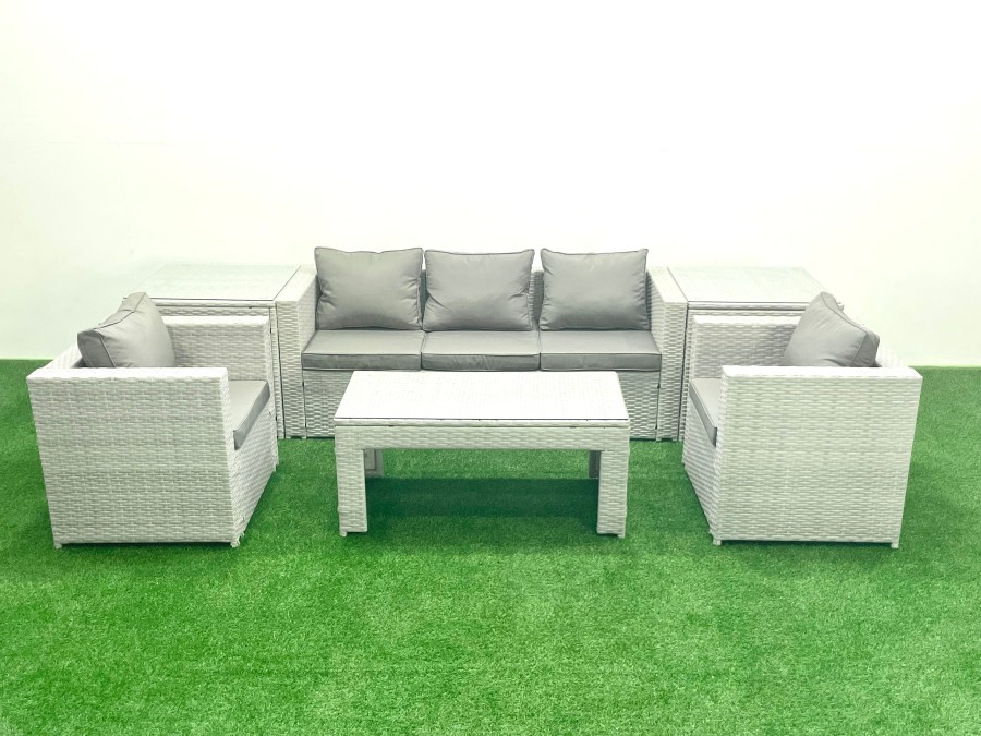 Click to view product details and reviews for Fimous Rattan Garden Furniture Set 6 Pieces Outdoor Garden Sofa Oblong Coffee Table Set With 2 Chairs 2 Side Tabes Light Grey Mixed.