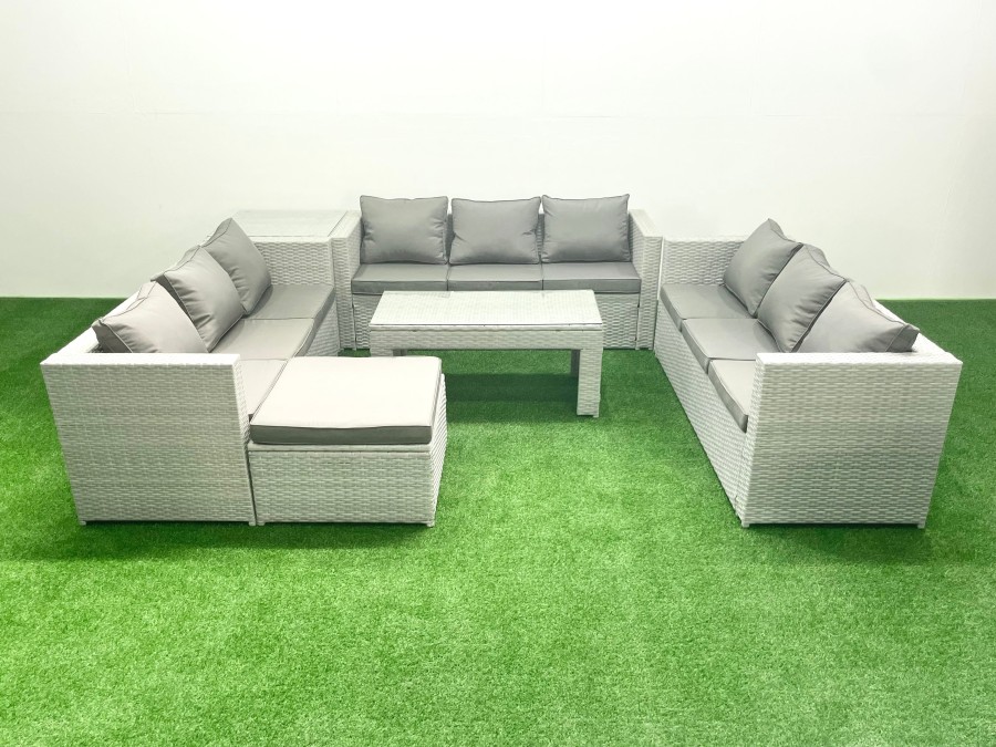 Click to view product details and reviews for Fimous Rattan Garden Outdoor Furniture Set 10 Seater Garden Sofa Oblong Coffee Table Set With Big Footstool Side Table Light Grey Mixed.
