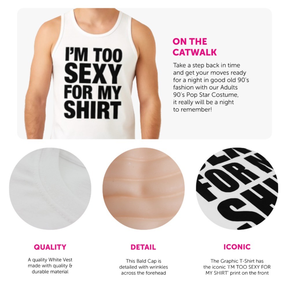 "I'm too sexy for my shirt" costume – white vest with black print & bald cap (adults)