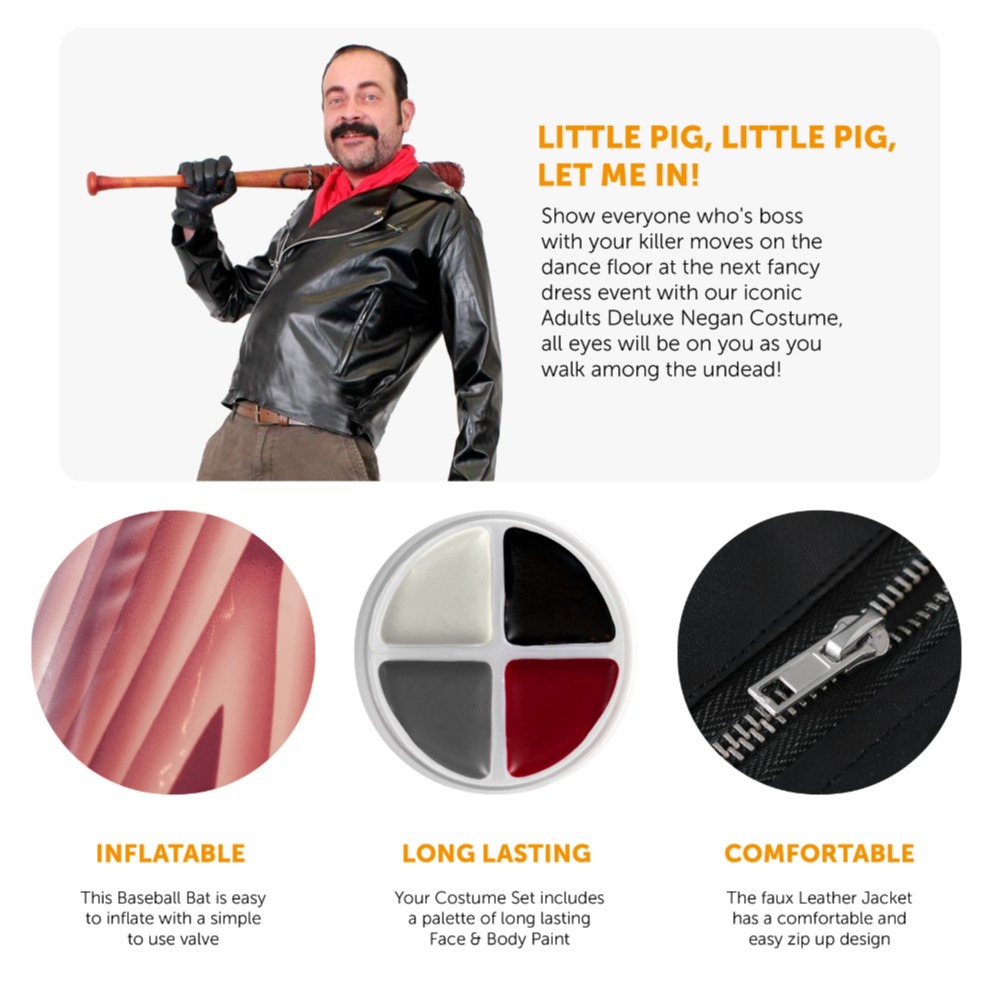 Men's Negan Costume | 7 Pcs | Leather Jacket, Bandana, Inflatable Bat, Moustache, Face Paint, Gloves & Barbed Wire