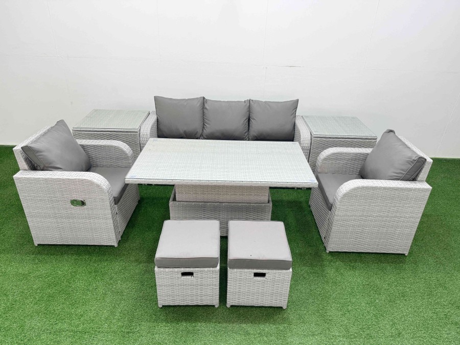 Click to view product details and reviews for Fimous Pe Rattan Garden Furniture Set Reclining Chair Sofa Lounge Sofa Set Adjustable Lifting Dining Or Coffee Table 2 Side Table 2 Small Stools Light.