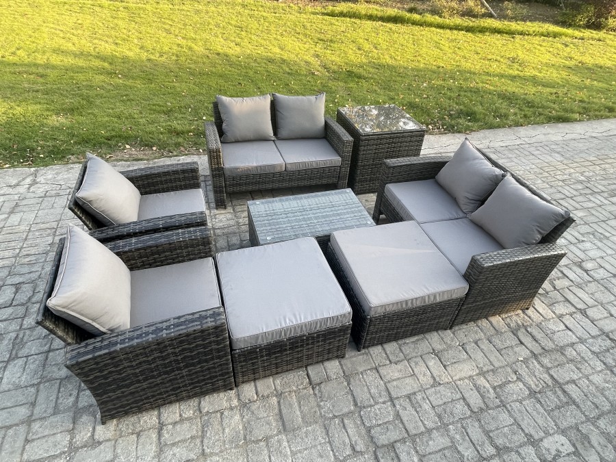 Click to view product details and reviews for Fimous Garden Furniture Sets 8 Pieces Outdoor Rattan Furniture Manual Wicker Patio Sofa Chair Set With Coffee Table 2 Big Footstool Side Table Dark Gr.