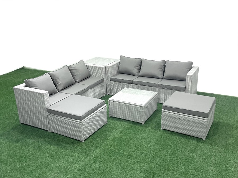 Click to view product details and reviews for Fimous Rattan Garden Outdoor Furniture Set 8 Seater Rattan Garden Sofa Set With 2 Big Footstools Side Table Light Grey Mixed.