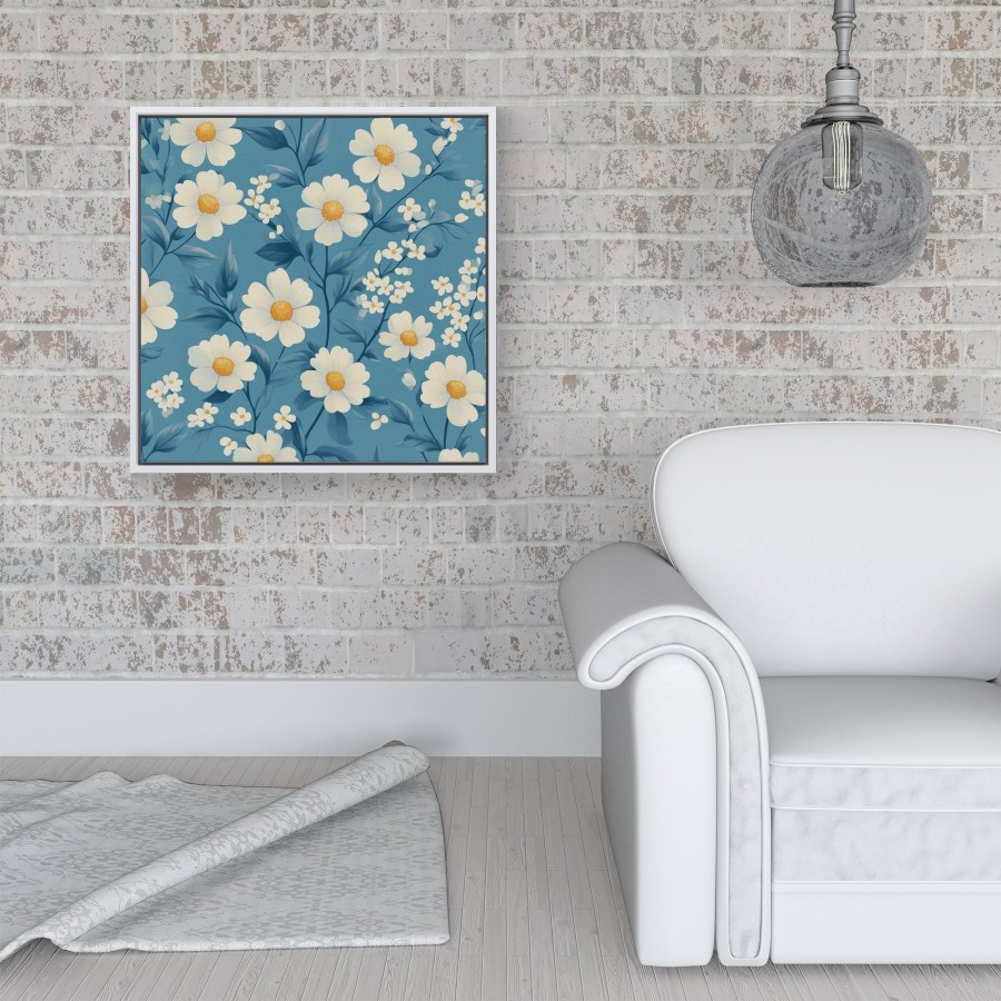 Click to view product details and reviews for Blue And White Spring Daisies Framed Canvas 16 X 16 White.