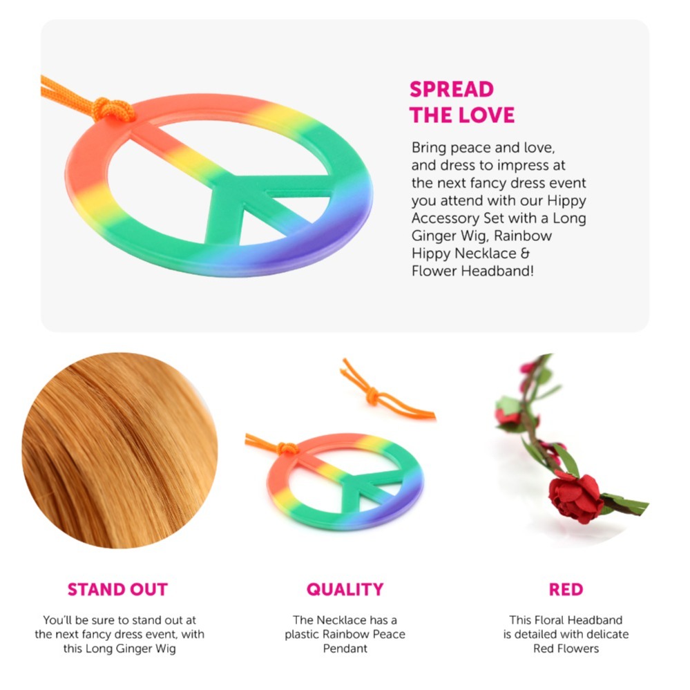 Hippy Accessory Set – Wig, Rainbow Peace Necklace & Red Flower Headband