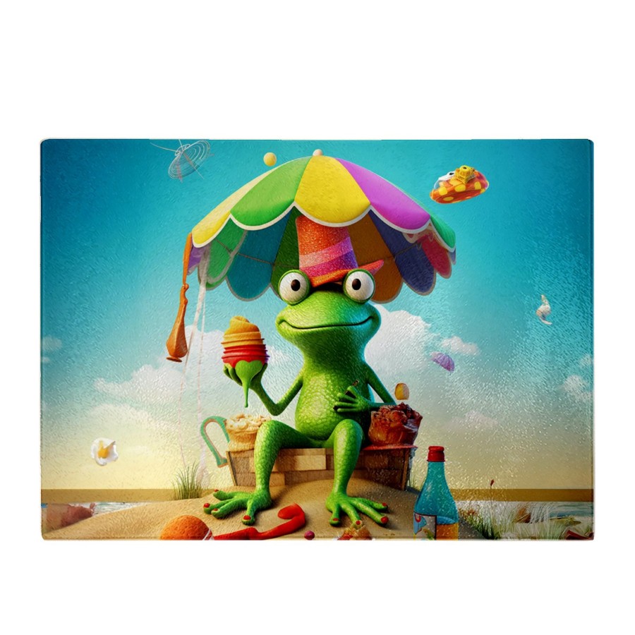 Click to view product details and reviews for Frog On A Beach Holiday Glass Chopping Board.