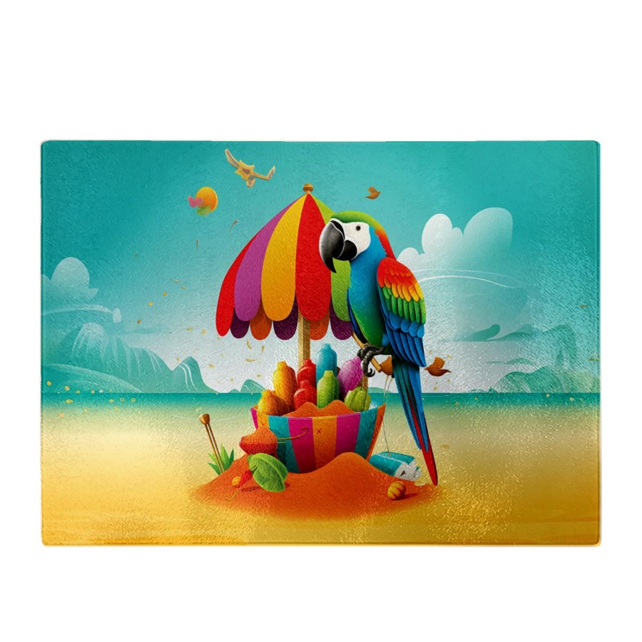 Click to view product details and reviews for Parrot On A Beach Holiday Glass Chopping Board.