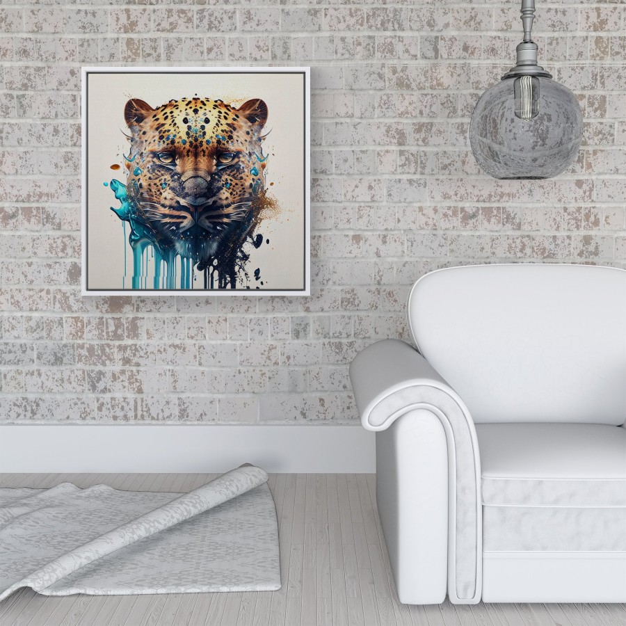 Click to view product details and reviews for Leapoard Face Splashart On Light Background Framed Canvas 16 X 16 White.
