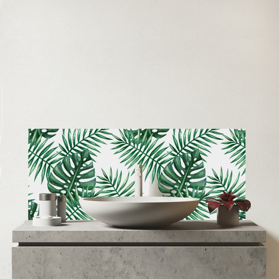 Click to view product details and reviews for Watercolour Tropical Leaves Glass Bathroom Splashback.