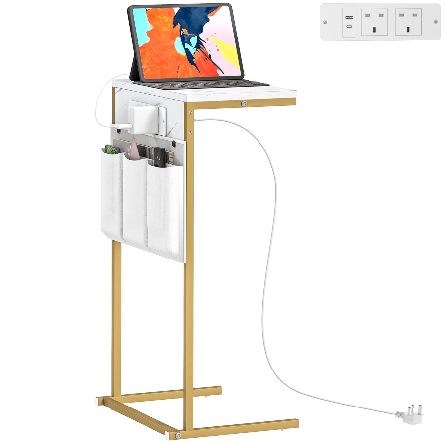 Click to view product details and reviews for Homcom C Shaped Bedside Table With Charging Station Marble Grain Side Table With Power Outlets Usb Ports Storage Bags For Bedroom Living Room W.