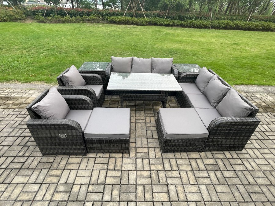 Fimous 10 Seater Rattan Garden Furniture Set Oblong Rectangular Dining Table and Chairs Set with 3 Seater Sofa 2 Big Footstool 2 Side Tables Dark Grey Mixed