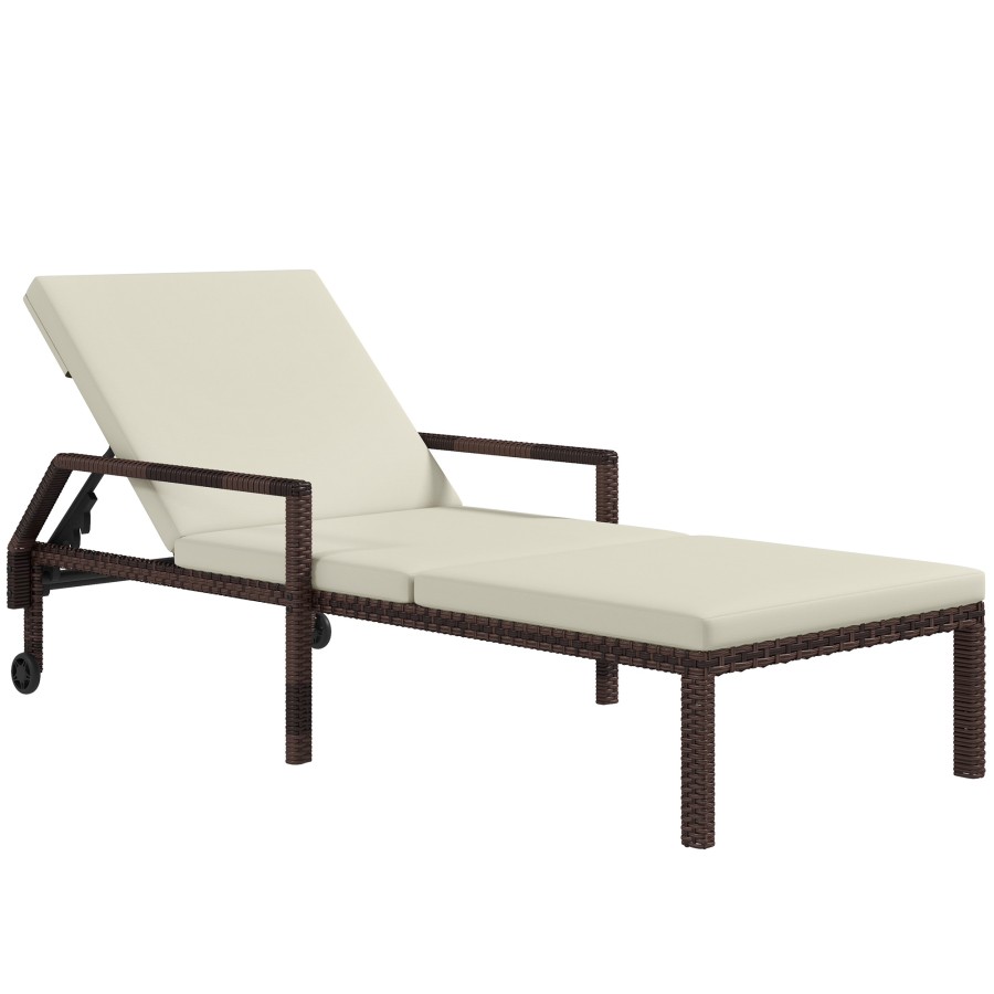 Click to view product details and reviews for Outsunny Outdoor Pe Rattan Sun Lounger Wicker Chaise Recliner Garden Chair With 5 Level Adjustable Backrest And 2 Wheels Cream White.