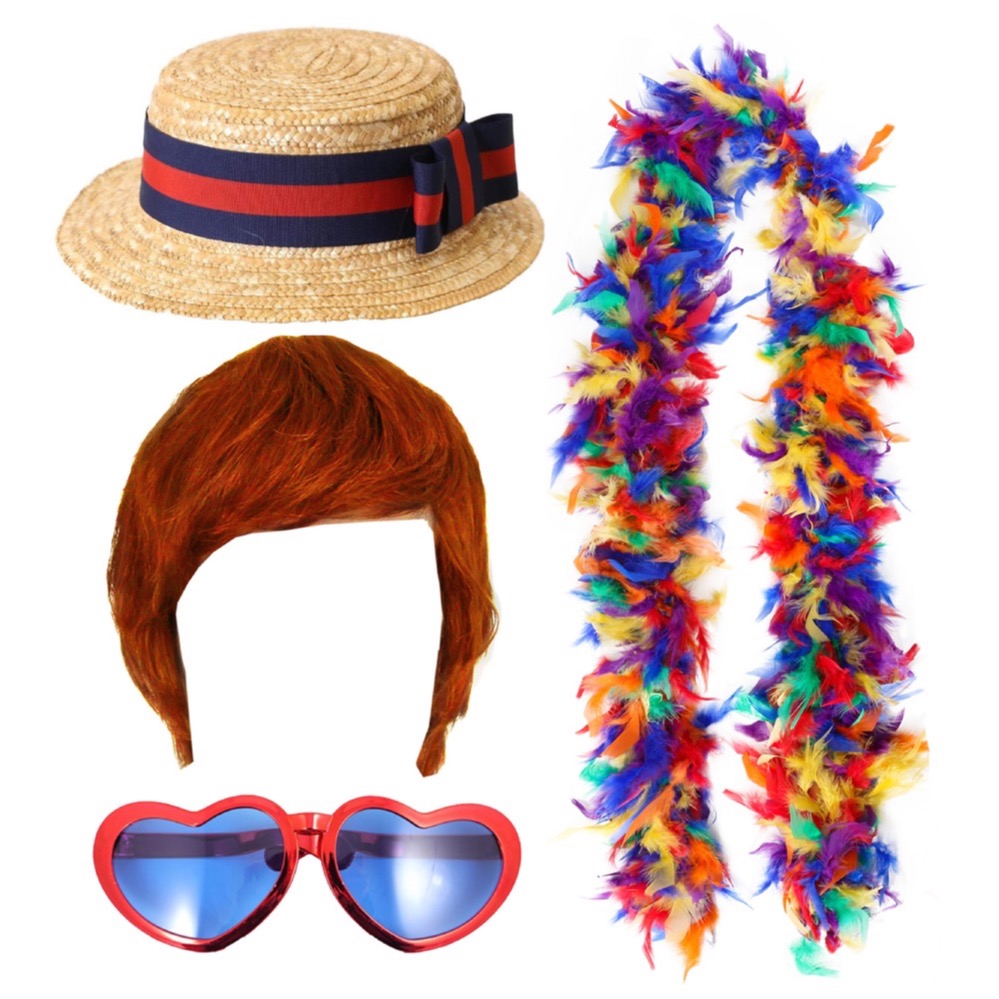 Farewell Tour Accessory Set (Deluxe Boater Hat, Ginger Wig, Jumbo Heart Glasses & Rainbow Boa)